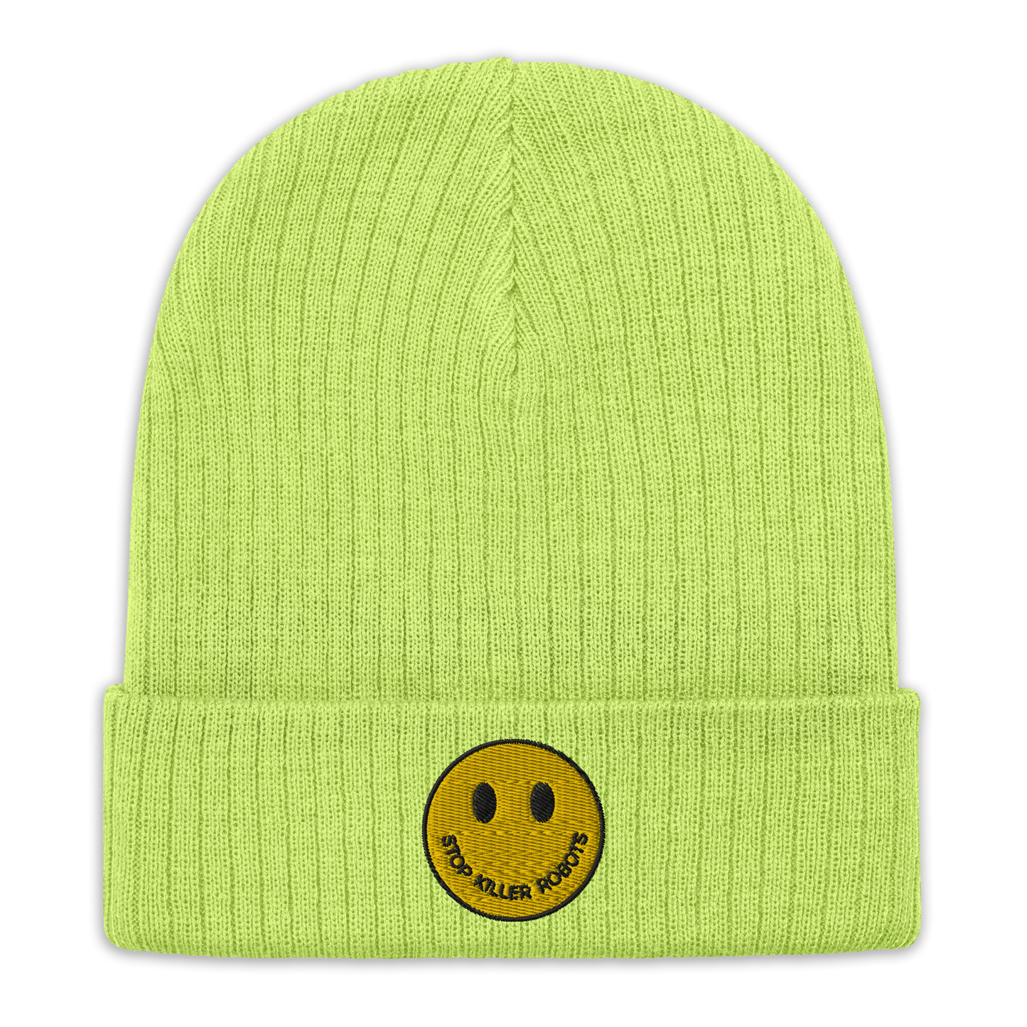 Ribbed knit Beanie Hat Stop Killer Robots :)