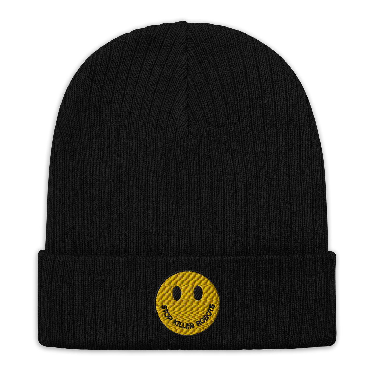 Ribbed knit Beanie Hat Stop Killer Robots :)