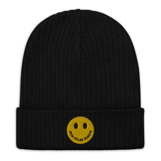 Ribbed knit Beanie Hat Stop Killer Robots :)