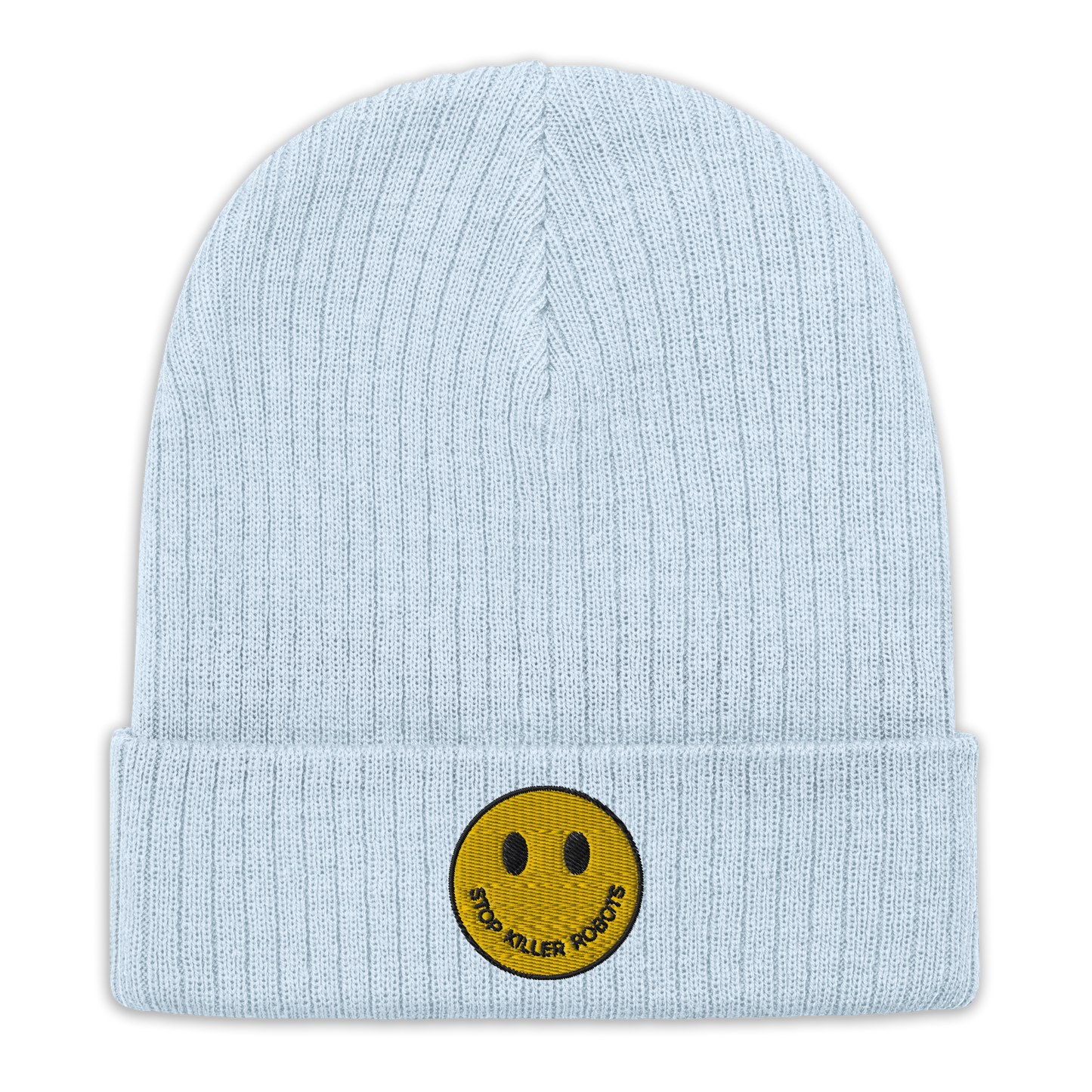 Ribbed knit Beanie Hat Stop Killer Robots :)