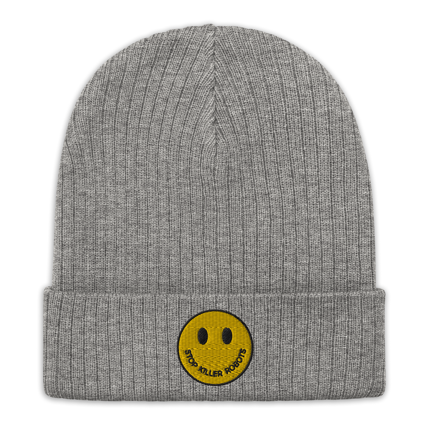 Ribbed knit Beanie Hat Stop Killer Robots :)