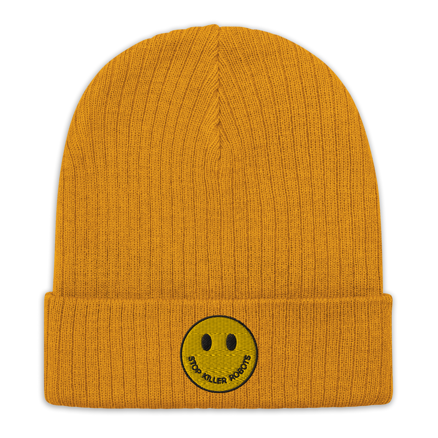 Ribbed knit Beanie Hat Stop Killer Robots :)
